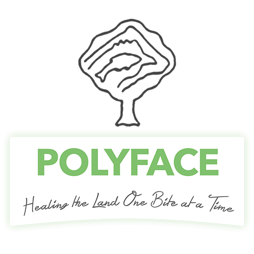 Polyface Farms Logo an outline of a fish inside an outline of a bird inside an outline of a wolf inside an outline of a tree above the word "Polyface" in green lettering with the phrase "healing the land one bite at a time" underneath
